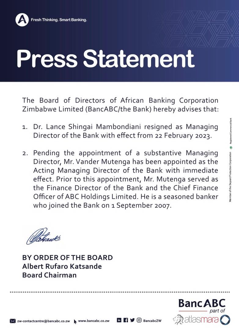 Press Statement: Dr. Lance Shingai Mambondiani Resignation